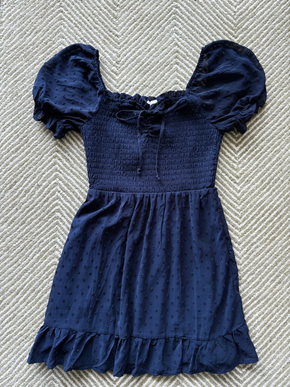 june & hudson Navy Smocked Puff-Sleeve Mini Dress